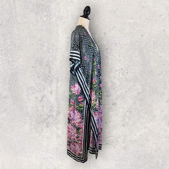 Anthropologie Printed Duster Kimono Blue Floral Stripe Open Front, One Size - Picture 4 of 10